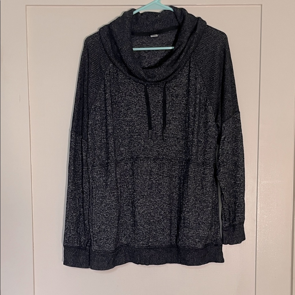 Women's Black Marled Cowl Neck Sweater with Drawstring